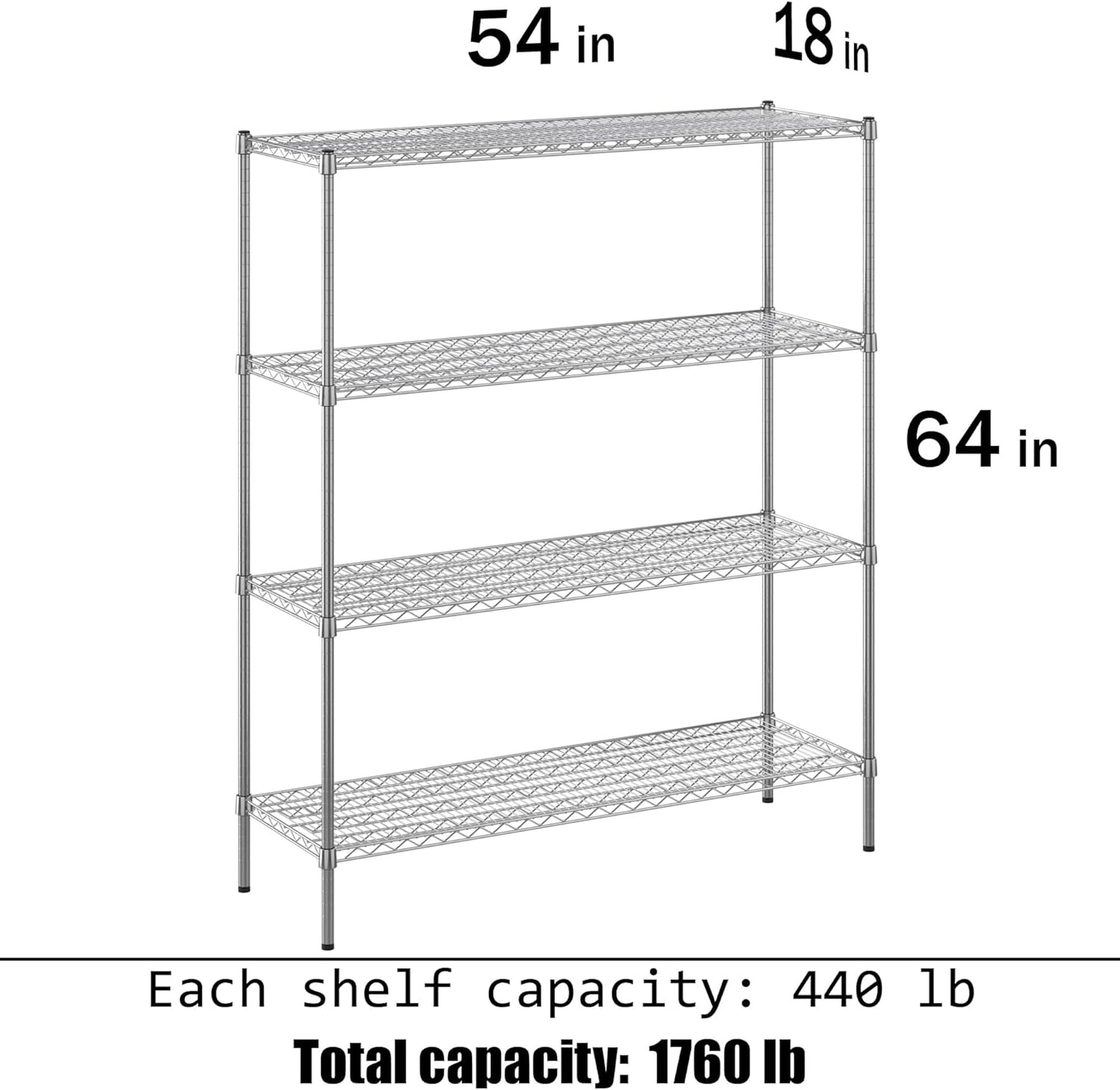 18" Deep x 54" Wide x 64" Height Wire Shelving Kit | 4-Tier | NSF Commercial Storage Rack Unit