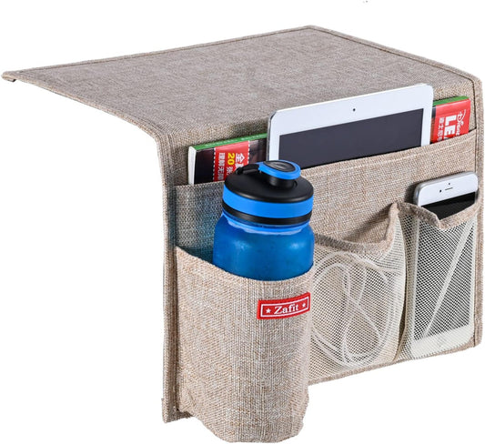 Linen 4 Pockets Bedside Caddy, Bedside Storage Organizer for Magazine, Remotes, Phone (Beige)