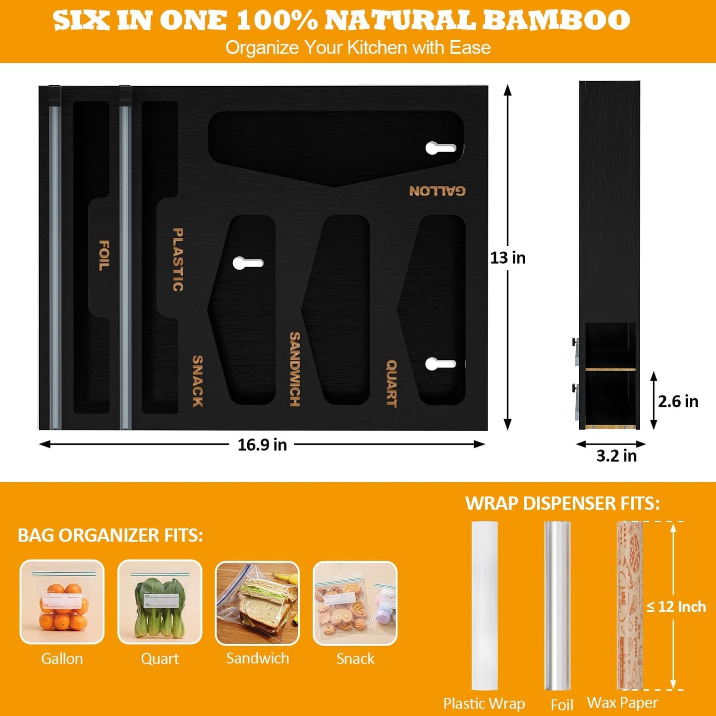 DALSHABET Bamboo Bag Organizer with Magnetic Closure, 6 In 1 Kitchen Drawer Foil and Plastic Wrap Dispenser with Cutter, Storage bag for Gallon, Quart, Sandwich, Snack Black