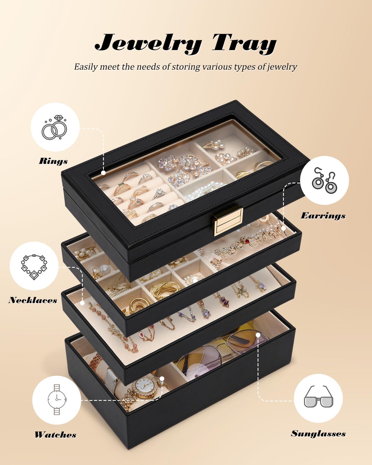 Homde Jewelry Tray Stackable Jewelry Box Drawer Organizer with Glass Lid, Removable Dividers for Vanity Table - Christmas Gift Idea for Girls and Women (Black)