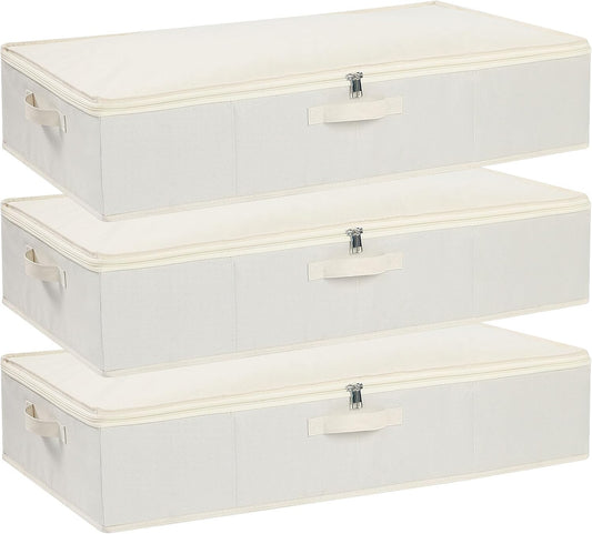 Underbed Storage Organizers, Container Bags with Lids, Storage Boxes With Sturdy Structure and Reinforced Handles, Beige, 3 Pack, 31.5 x 15.7 x 5.9 Inch