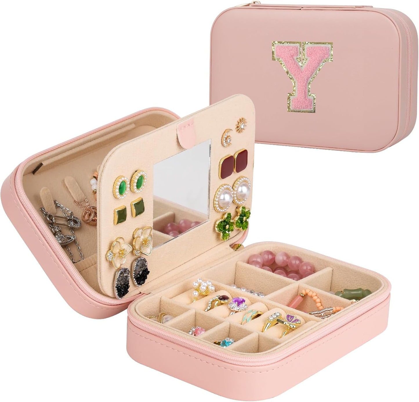TopPerfekt Travel Jewelry Case Travel Jewelry Box With Mirror, Jewelry Organizer Bridal Shower Gifts To Her, Earring Travel Case, Trendy Gift for Women and Girls (Y, Pink)