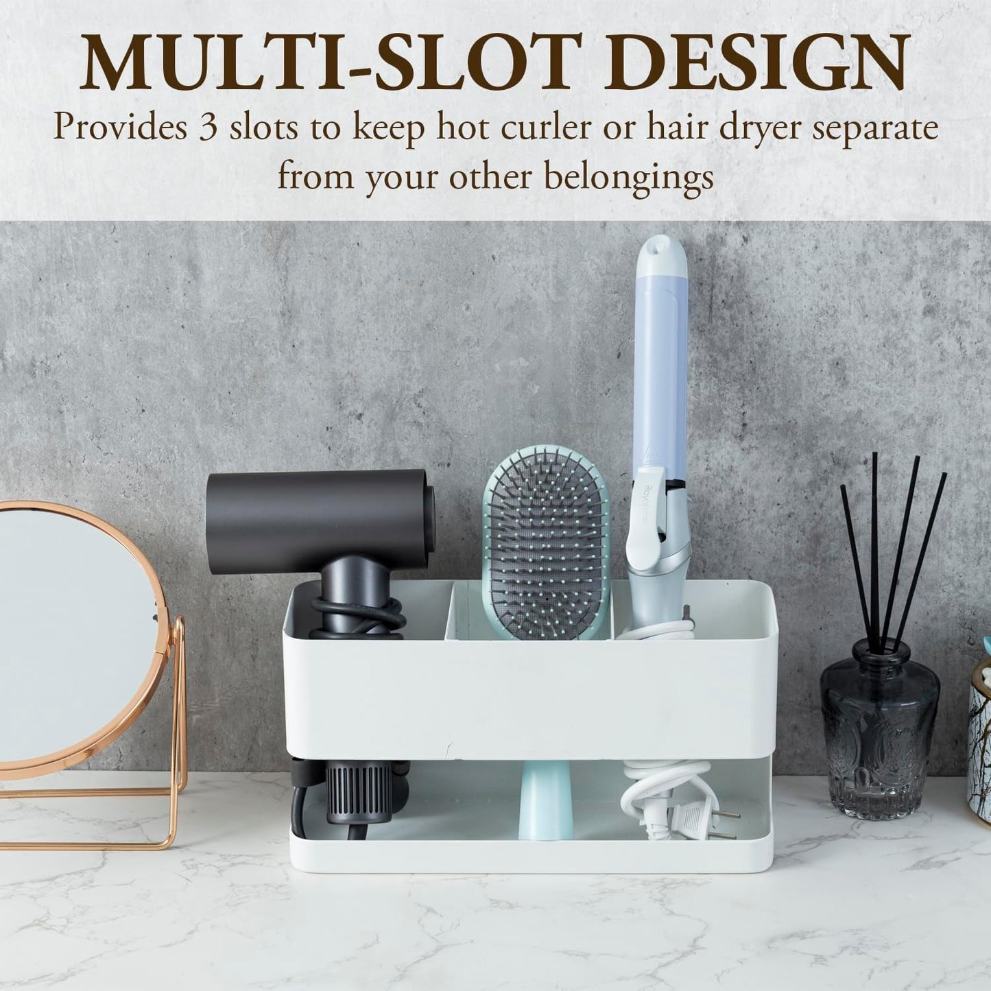 MyGift Hair Tool Organizer, 3-in-1 Metal Hair Dryer Holder, Wall Mounted Blow Dryer Holder, White Bathroom Organizer for Curling Irons, Hair Straighteners, Hair Brush Holder and Hot Tools