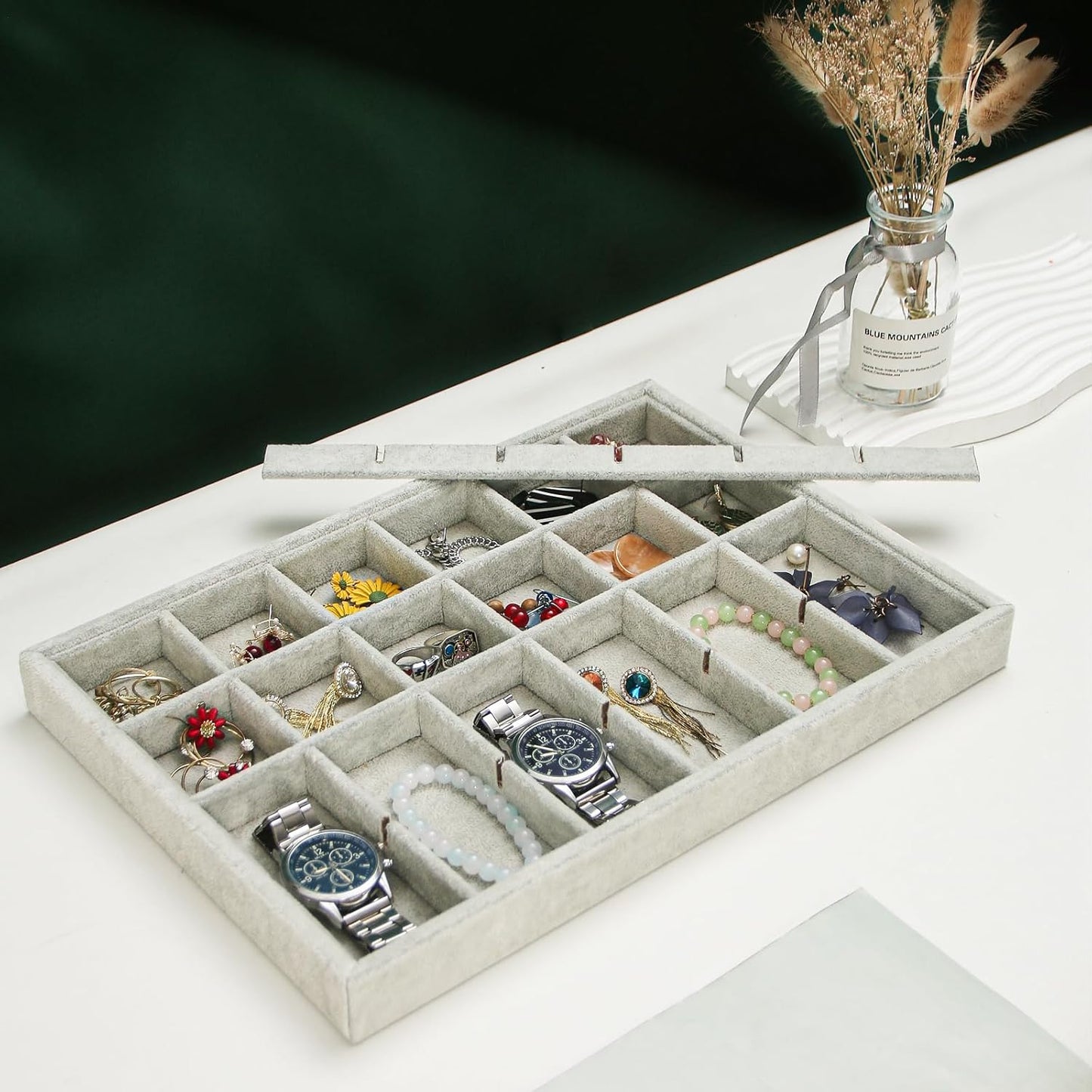2pcs/Set Velvet Jewelry Tray, 24 Grids Large Storage Tray for Bracelet Bangle Beads Display, Jewellery Organizer Box Tray for Home Drawer or Shop Store Selling Show (Grey Velvet)