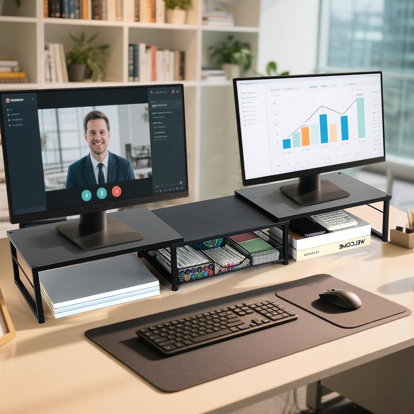 OPNICE Dual Monitor Stand Riser, Desk Organizer with Drawer, Office Desk Organizers and Accessories, Office Workspace Organization, Computer Monitor Stand for Laptop, Printer (Black)