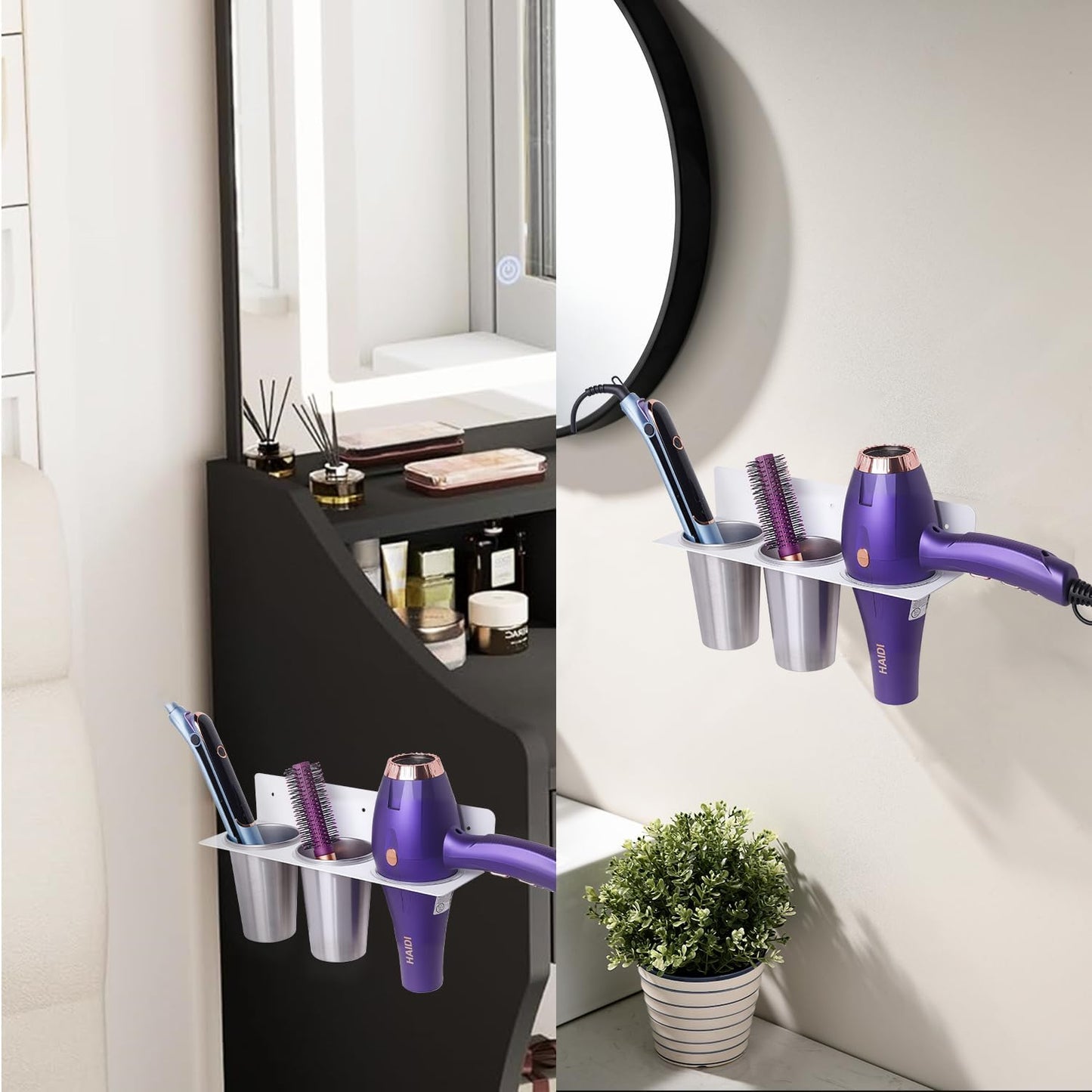 Hair Tool Organizer, Hair Dryer Holder wtih 2 Cups, Hot Tool Organizer Wall Mount for Bathroom Hair Dryer and Straightener for Styling Accessories, Flat Iron, Blow Dryer PTALSEAW