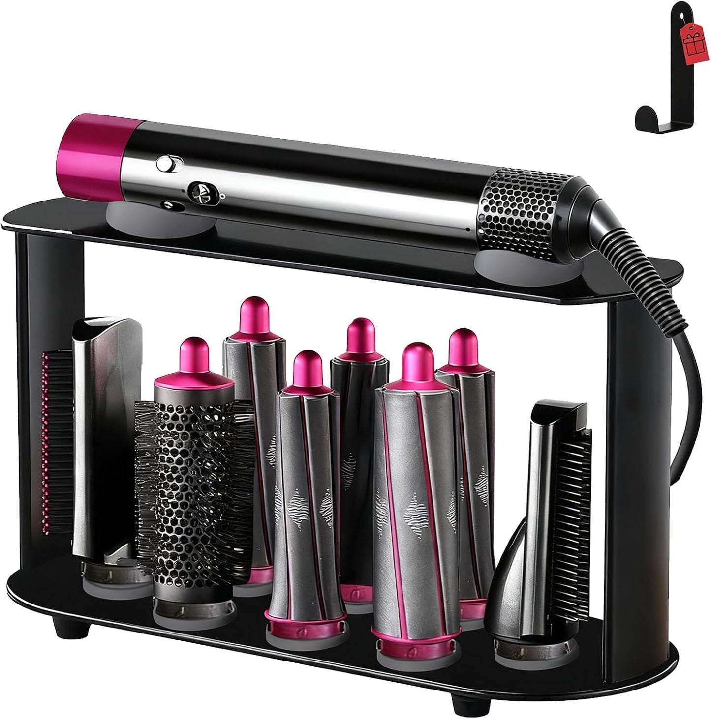 Holder for Dyson Airwrap 6" Barrel Only | Sturdy Metal Storage Rack with Protective Silicone Pad | Countertop Organizer for Attachments & Curling Iron with Self-Adhesive Hook, Black