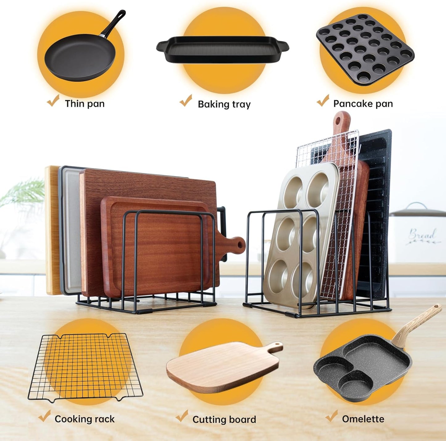2-Pack 5-Tier Cutting Board Holder, Kitchen Cabinet Organizer Holder, Space-Saving Kitchen Storage for Cutting Boards, Bakeware, Trays,Thin Pans and Cookbooks, Baking Sheets Organizer
