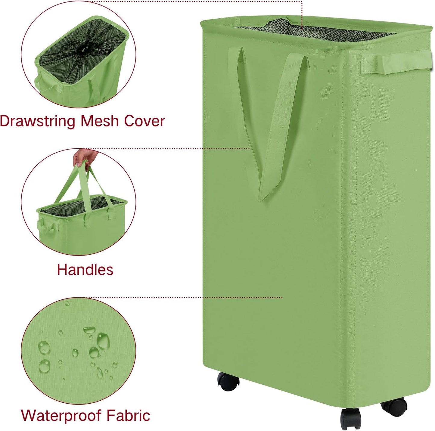 efluky Slim Laundry Hamper with Wheels, Rolling Laundry Basket for Clothes, Small Laundry Basket for Bedroom, Dorm and Laundry Room, 60L (12.7 Gallons) Green