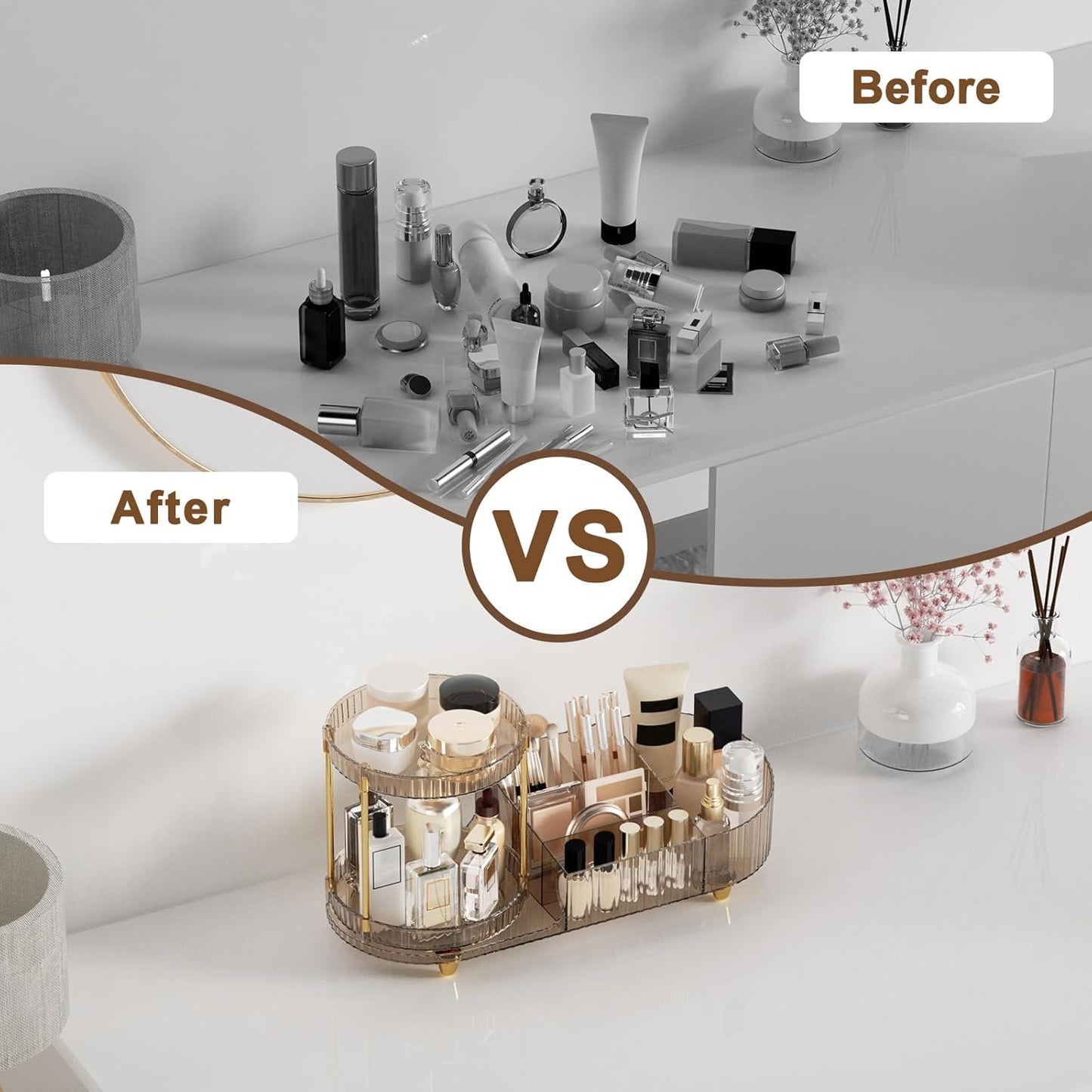 Makeup Organizer Countertop with 360 Rotating Perfume Trays, 7-Divider Vanity Skincare Organizers, Make Up Desk Organization and Storage with Cosmetic Brush Holder for Bedroom Bathroom Counter