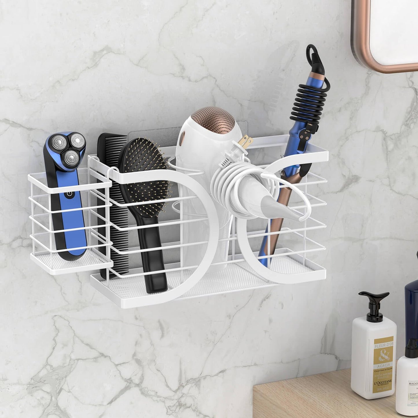 Hair Dryer Holder 3in1 Hair Tool Organizer/Wall Mounted,Cabinet Door or Desk-based Blow Dryer Holder/Height-adjustable Curling Iron Holder/Bathroom Cabinet Organizer for Flat Irons Curling Wand