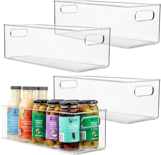 primebox Plastic Food Storage 4 Pack Clear Container Bin with Handles for Organizing Kitchen, Pantry, Fridge, Freezer, Pantry, Bathroom. 14"x6"5"
