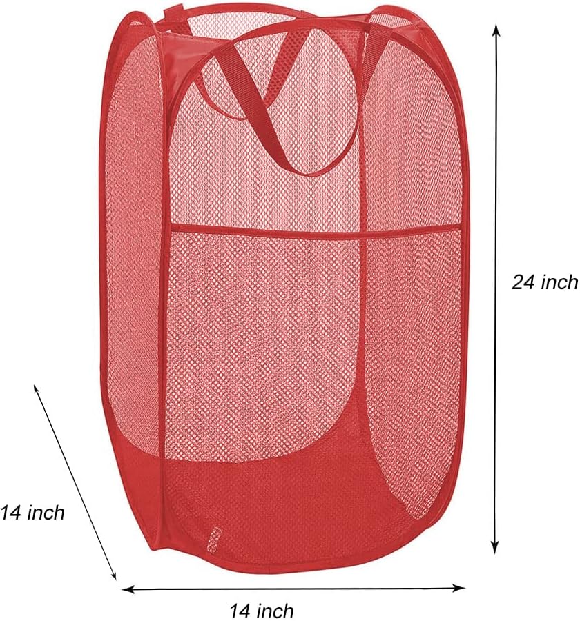 Larpur Popup Mesh Laundry Basket, Collapsible and Portable Clothes Washing Laundry Hamper with Reinforced Carry Handle (Red)