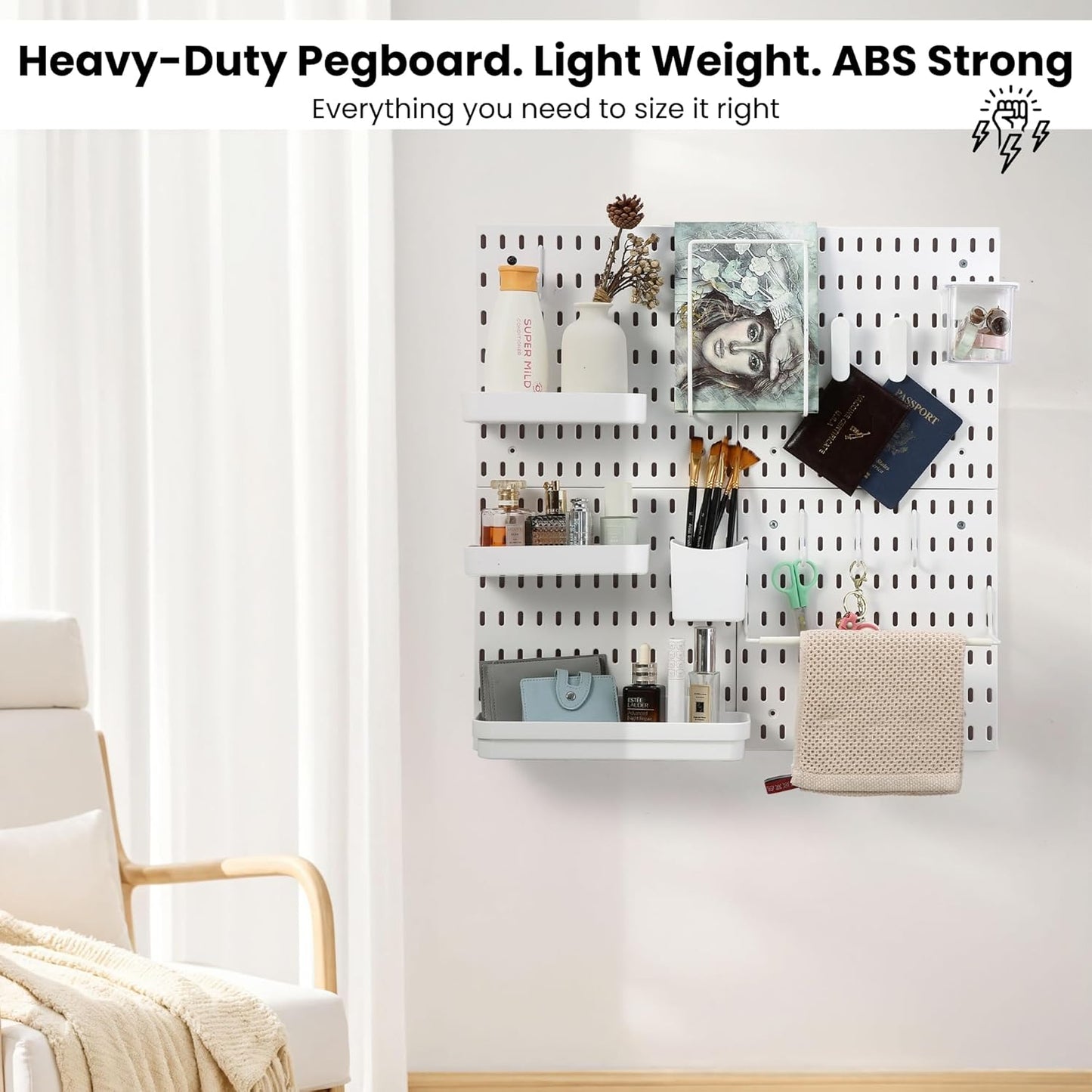 Peg board Set - 17 pcs Pegboard Kit, Includes 4 Pegboards with 13 Different Accessories, Pegboard Wall Organizer, Peg Boards for Wall Craft Room for Kitchen, Garage, Workshop, Tool Accessories | White