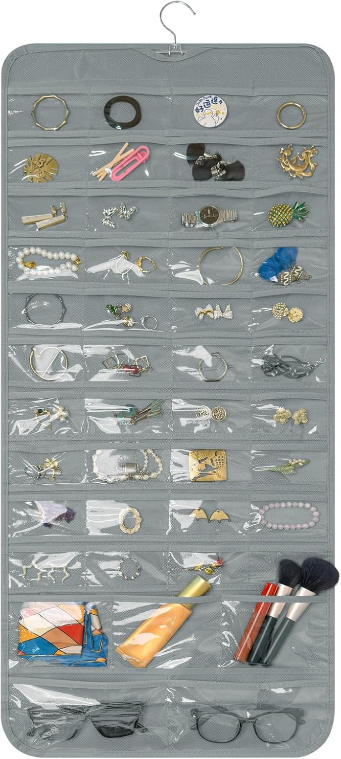 Bloss Hanging Jewelry Organizer With 90 Pockets,Earring Holder Organizer Storage For Valentine's Day Gift,Double-Sided Jewelry Holder for Earrings, Necklaces, Rings on Closet,Wall,Door(Grey)