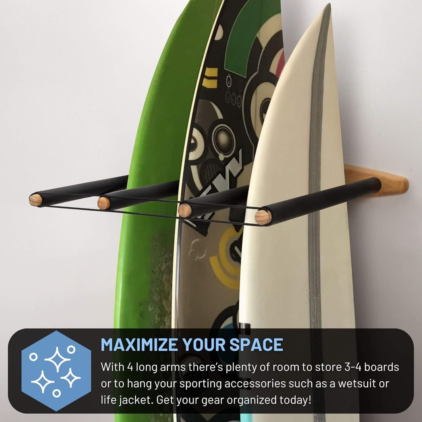 Hang 11 Vertical Surfboard Rack - Surf Racks for Wall, Sustainable Hardwood Surf Board Holder with Rubber Mat, Surfboard Wall Mount, Paddle Board & SUP Garage Storage (4 arms / 3-4 boards)