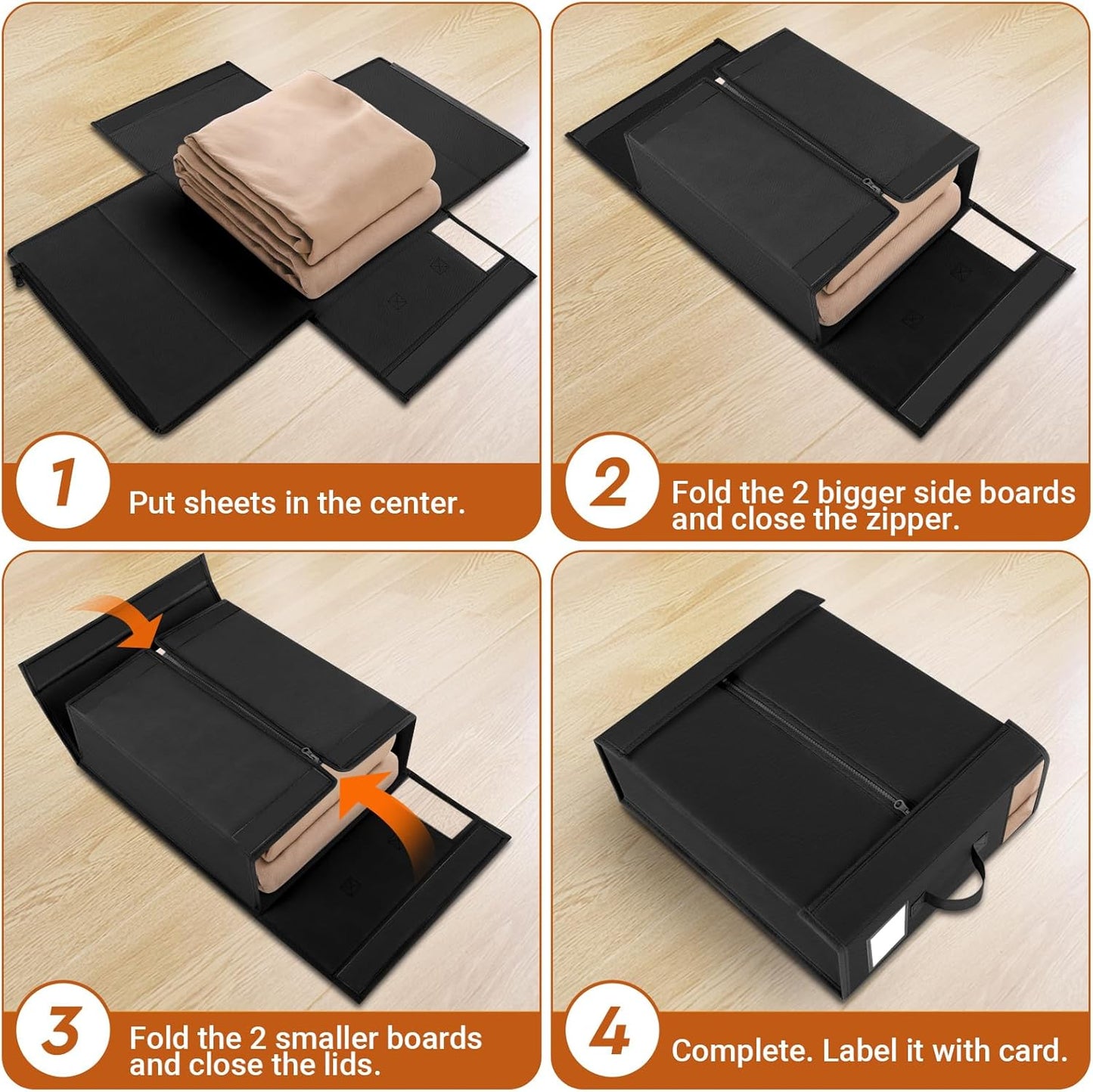 2 Pack Bed Sheet Closet Organizers and Storage,Sturdy Foldable Storage Containers with Window and Label,Storage and Organization for Bedding Sheets,Duvet Covers,Blankets (Black)