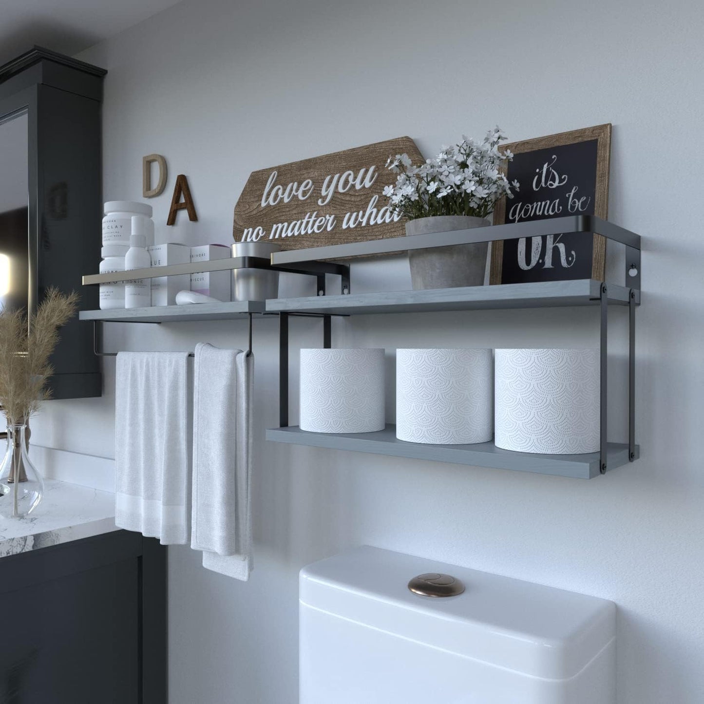 RICHER HOUSE 2+1 Tier Wall Mounted Floating Shelves Set of 2, Rustic Wood Wall Shelf with Metal Frame, Extra Storage Rack for Bathroom, Kitchen, Bedroom with Tissue Rack & Towel Bar - White Gold