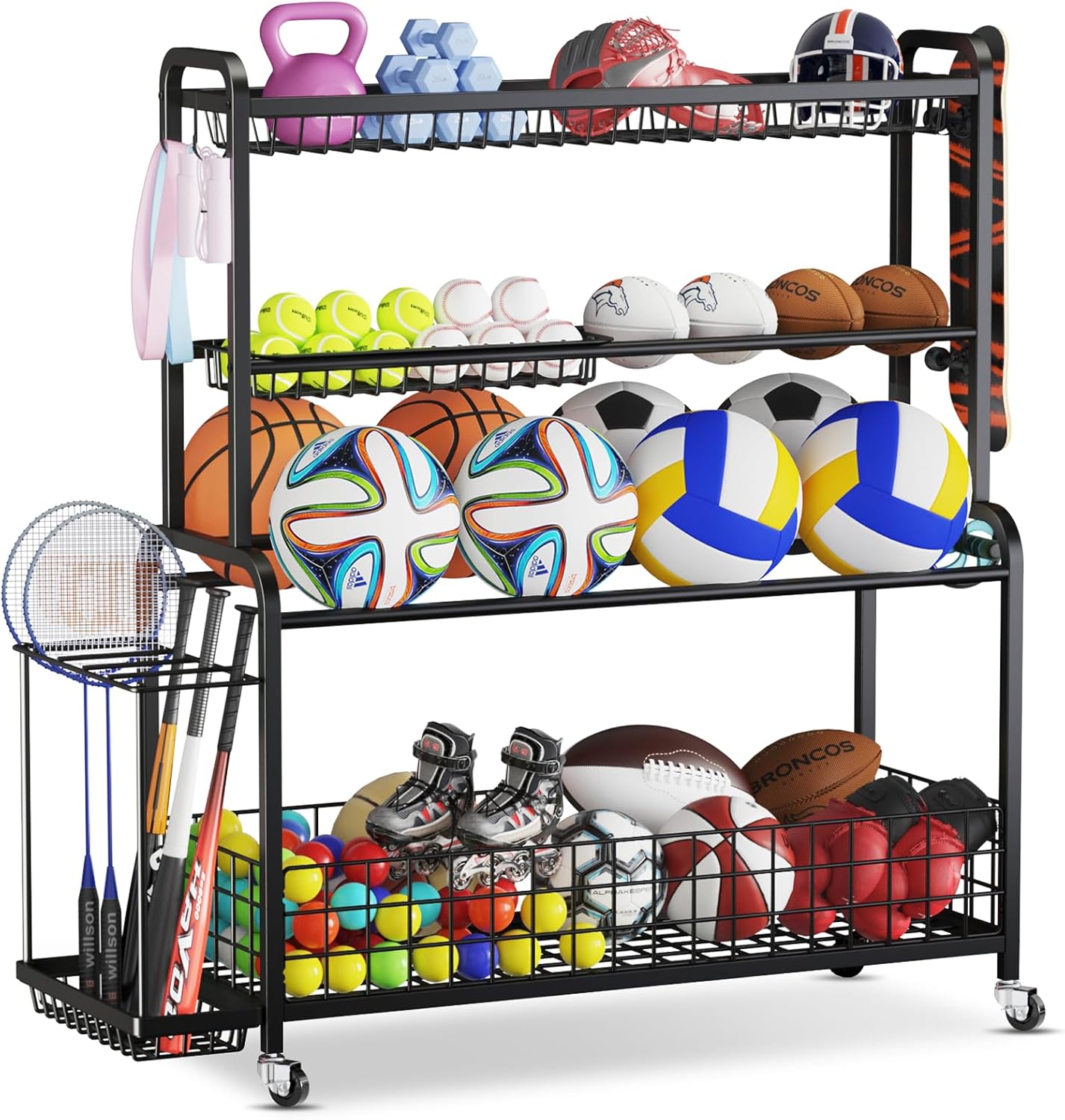 VOPEAK Oversized Sports Equipment Organizer, 4 Layers Rolling Ball Storage Rack for Garage Storage with Wheels Removable Hooks and Baskets Large Capacity Black Ball Holder for Toy Sports Gear Storage