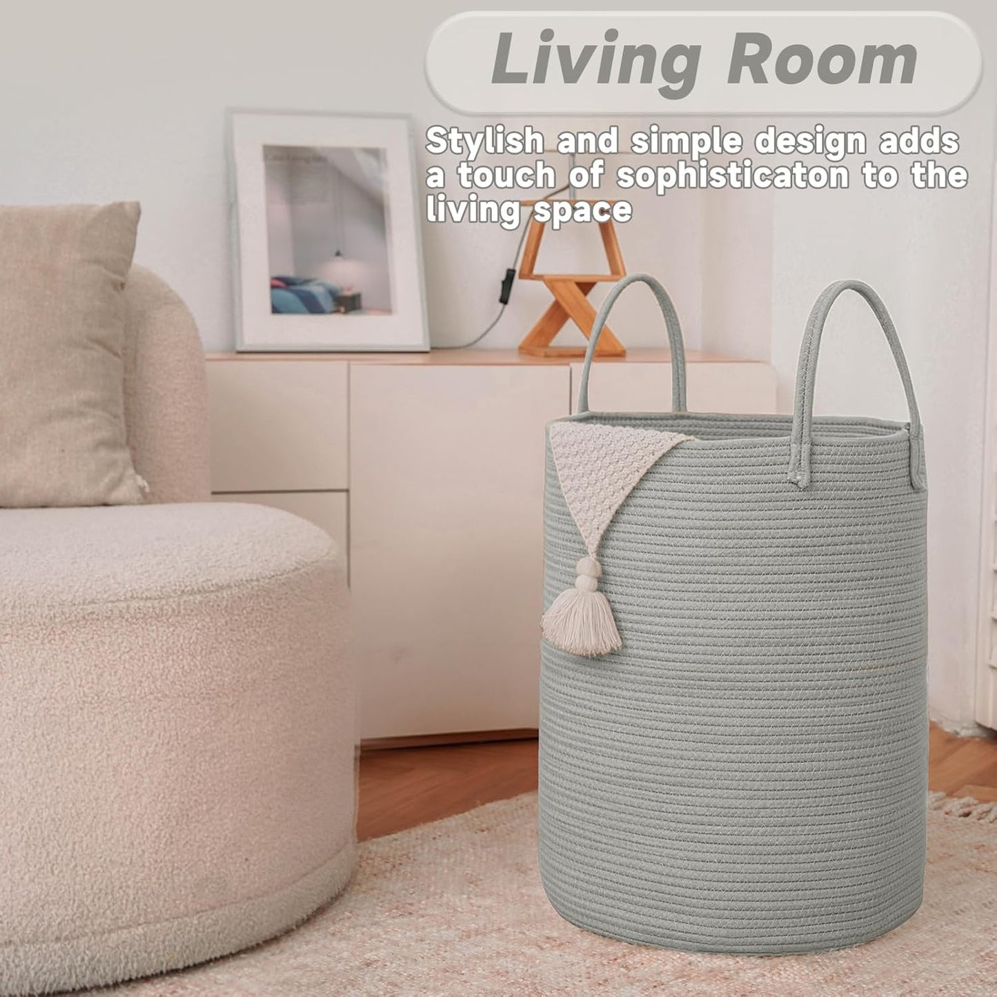 Large Woven Laundry Basket Hamper,60L Cotton Rope Storage Bin for Blankets,Toys and Clothes,Decorative Tall Nursery Hamper for Living Room,Baby Nursery,Bathroom and Bedroom,Grey