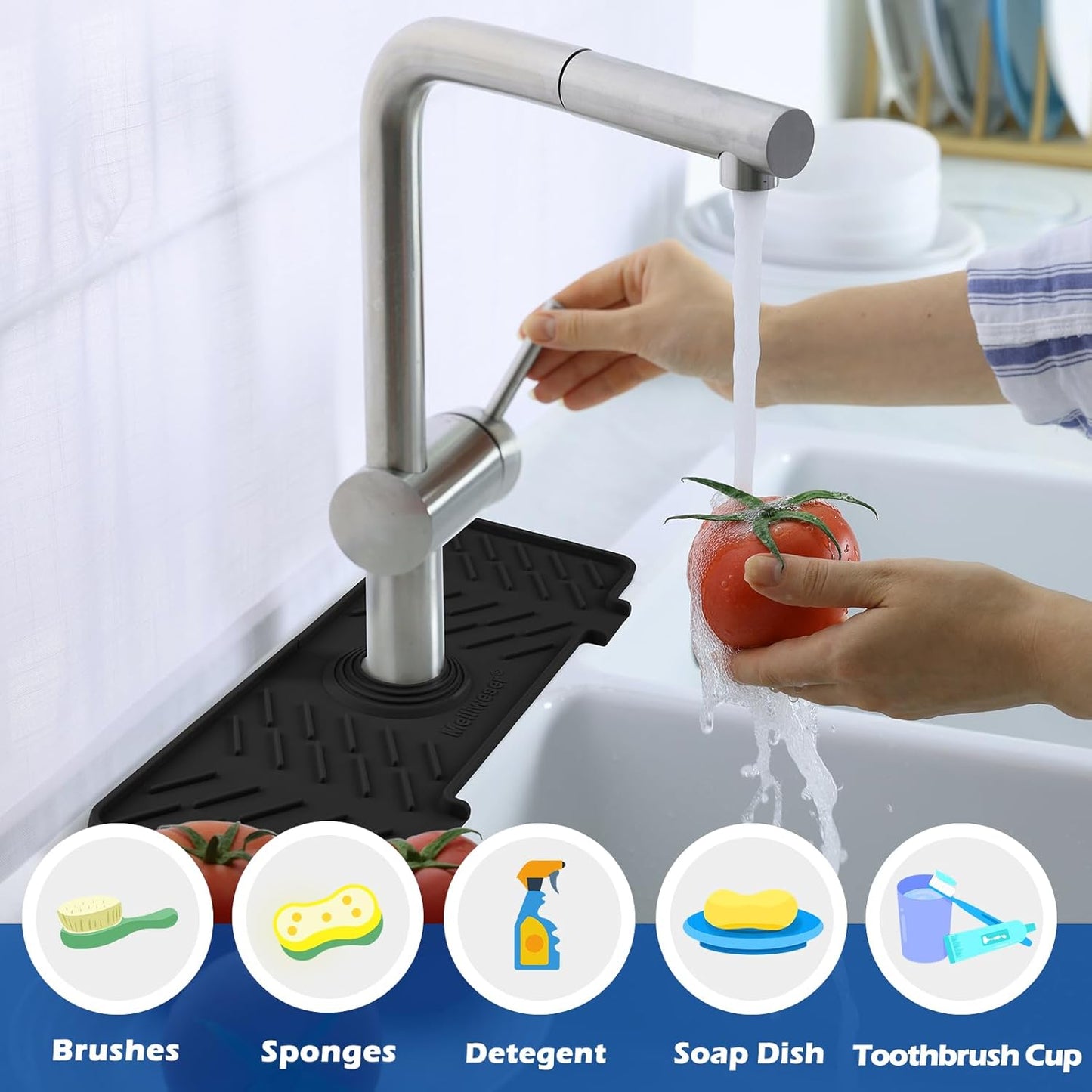 Meiliweser Silicone Faucet Mat for Kitchen Sink – Gen 3 10° Slope Splash Guard with Cuttable Hole – 14” x 5.5” Drip Catcher & Sponge Holder for Kitchen, Bathroom (Black)