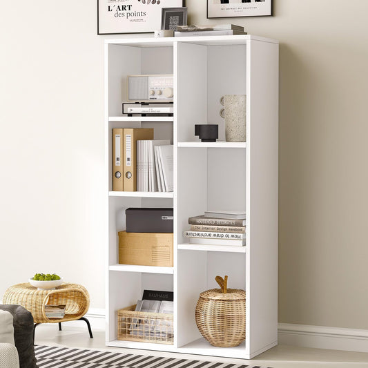 oneinmil 7 Cube Bookshelf, White Cube Organizer and Display Shelf with Storage, Stackable Bookcase for Small Space, Wooden Cube Shelf Easy to Match for Living Room, Bedroom, Study Room and Office