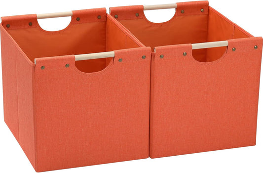 HOONEX Large Collapsible Storage Bins, Linen Fabric, Pack of 2, Storage Baskets with Wooden Carry Handles and Sturdy Heavy Cardboard, for Home, Office, Car, Nursery, Orange