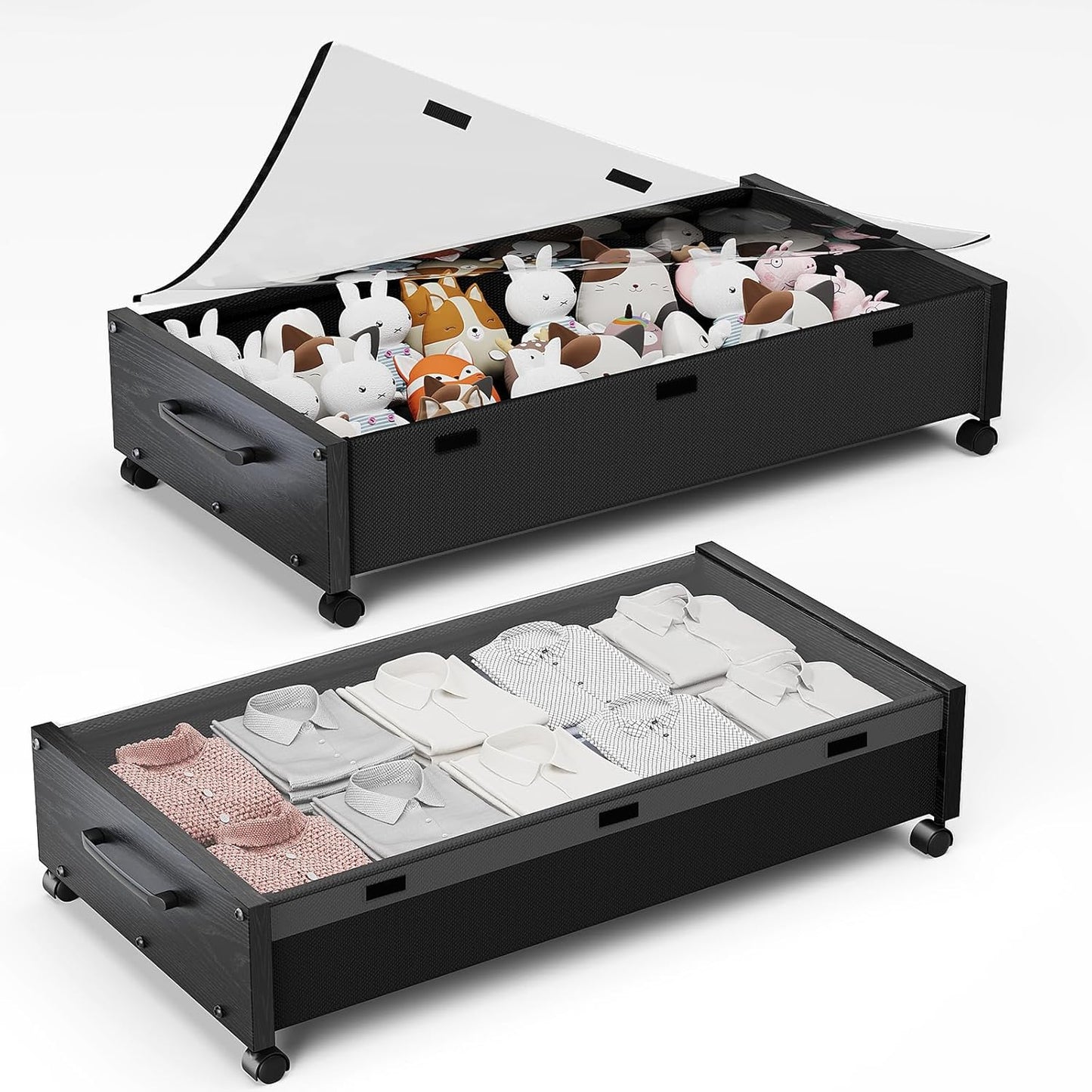 KITHELP Under Bed Storage with Wheels, Wooden Under Bed Drawers 2 Packs, Rolling Underbed Storage Containers Organizer with Handle Removable Lid, Heavy Duty Metal Frame for Clothes Shoe Books(Black)