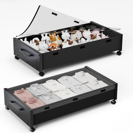 KITHELP Under Bed Storage with Wheels, Wooden Under Bed Drawers 2 Packs, Rolling Underbed Storage Containers Organizer with Handle Removable Lid, Heavy Duty Metal Frame for Clothes Shoe Books(Black)