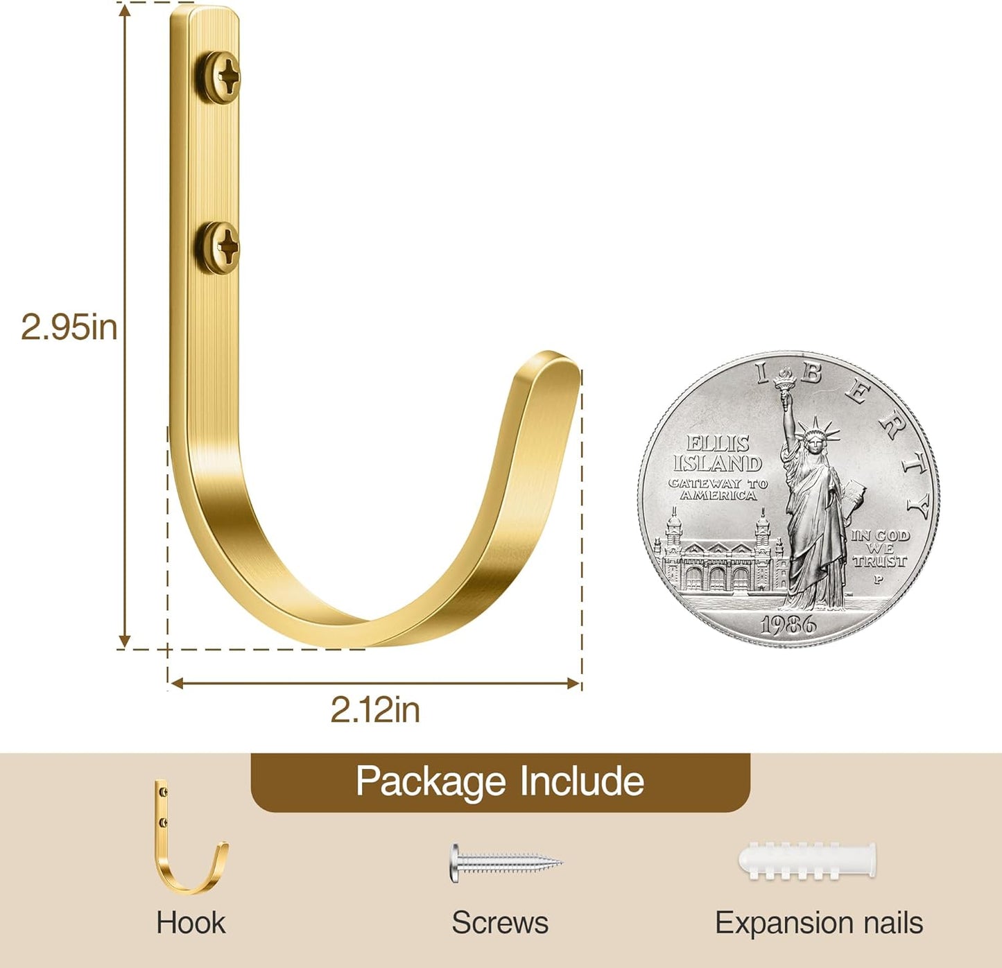 10 Pack Wall Hooks for Hanging Towel/Coat - 22LB Screw in Metal Hanger Wall Mount, for Outdoor, Closet, Door, Bathrooms, for Backpack, Robe, Brushed Gold
