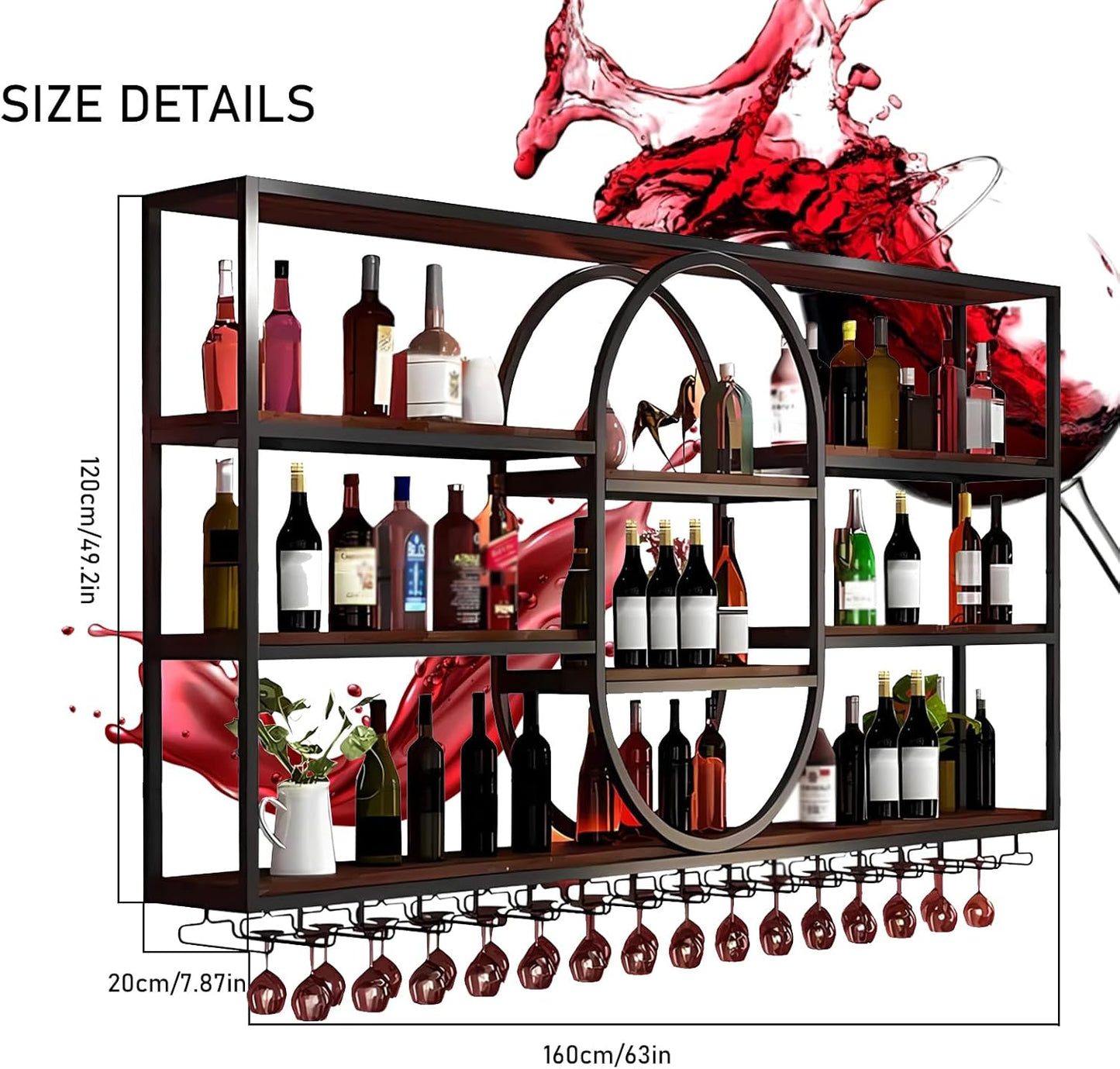 Large Wall Mount Wine Rack, Metal 4 Tier Large Capacity Hanging Bar Rack with Wine Glass Holder, Oval Wine Bottle Storage Display Rack for Kitchen, Living Room, Home (Black, 160cm/63in)