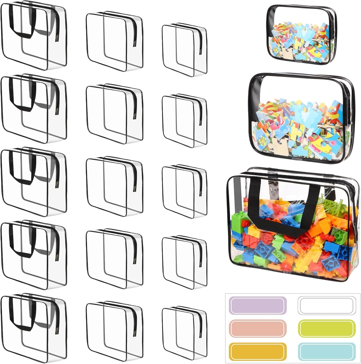 18 Packs Toy Storage Bags with Labels, Clear PVC Puzzle Storage Bags, Waterproof Travel Toy Organizer Bags with Zipper for Building Blocks Kids Books (3 Size)