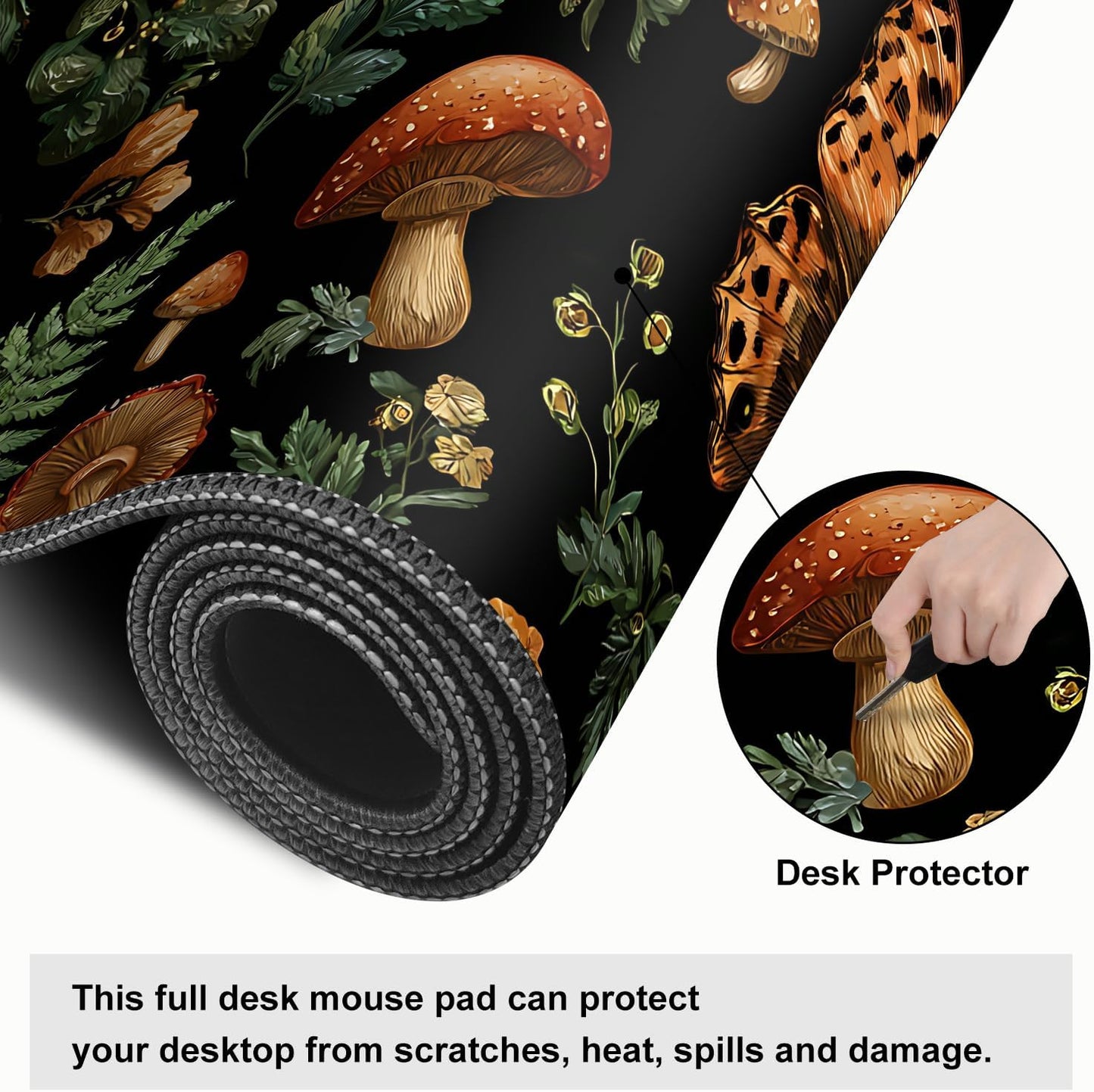 Vintage Butterfly Mushroom Mouse Pad – Large Extended Desk Mat 31.5 x 11.8 in– Dark Forest Aesthetic with Ferns & Fungi, Waterproof Surface, Non-Slip Rubber Base, Keyboard & Mouse Pad