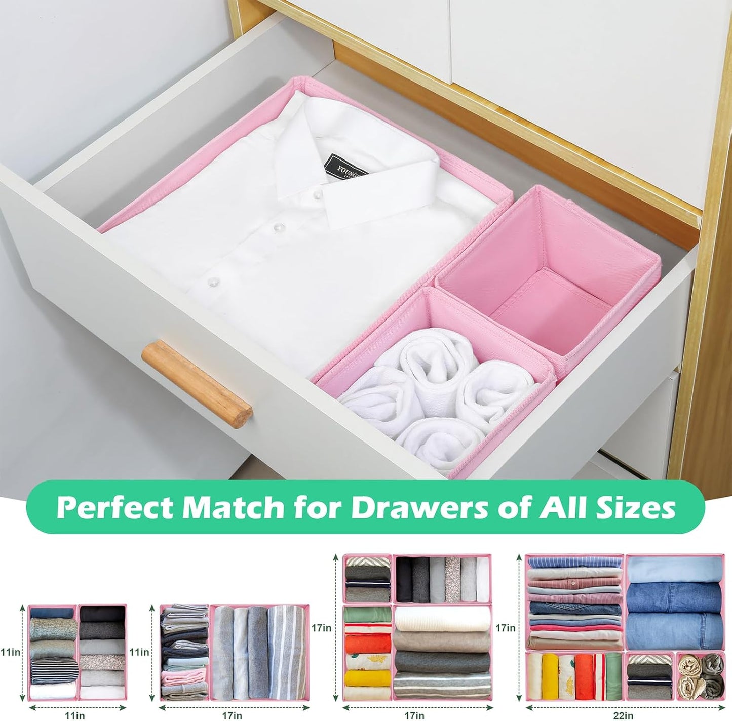 Drawer Clothing Organizer 16-Pack, Pink 3 Sizes Underwear Drawer Dividers, Fabric Folding Wardrobe Organizer for Baby Clothes, Bras, Underwear, Underpants, Belts, Socks, Ties, etc.