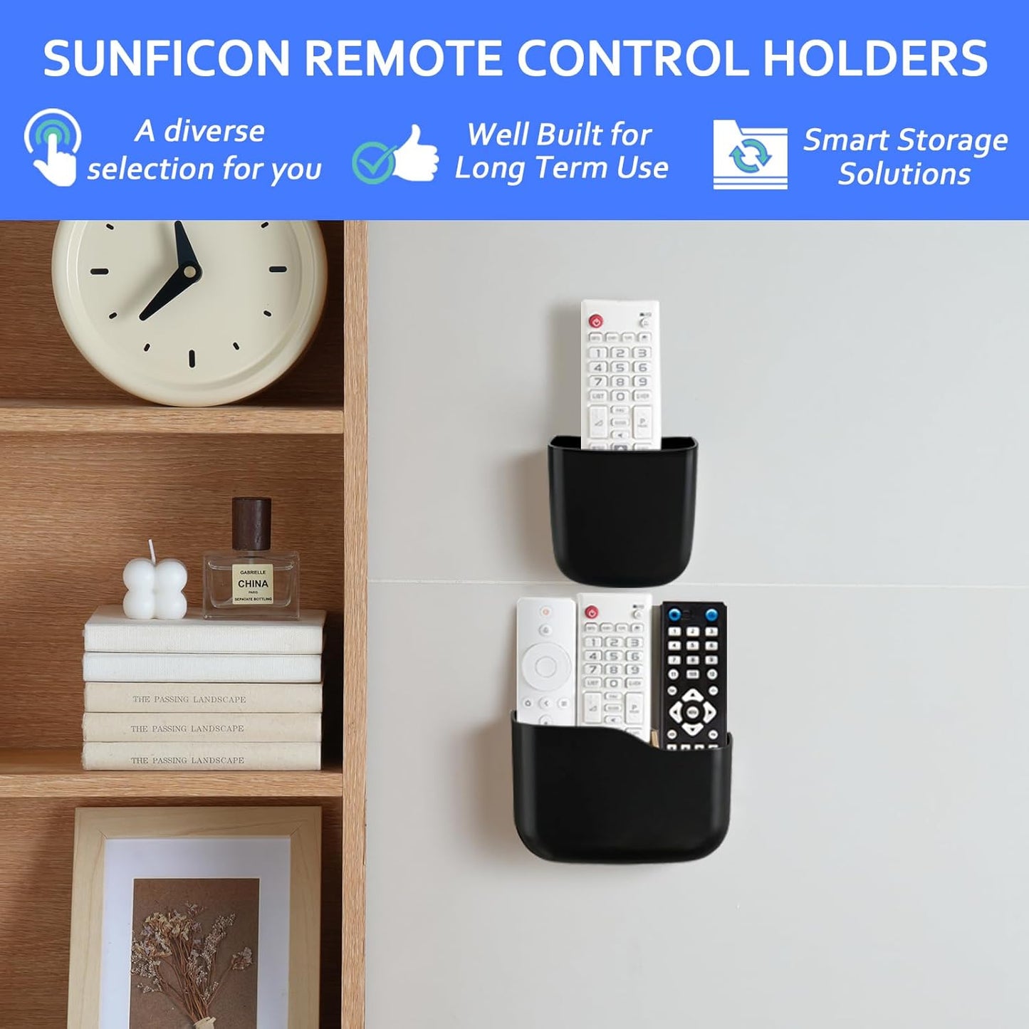 SUNFICON Remote Holder Wall Mount TV FAN Remote Control Holder Bedside Caddy Wall Organizer Phone Holder for Office Adhesive Media Player Controller Holder Box Tray Home Desk Nightstand Black 2 Small