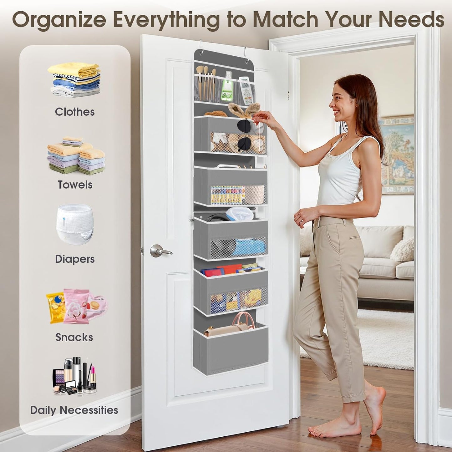6-Tier Over The Door Organizer, Hanging Storage Organizer with Clear Window, 40lb Ultra Sturdy Large Capacity Room Organizer for Pantry Bathroom Nursery Closet Baby Essential (Grey)