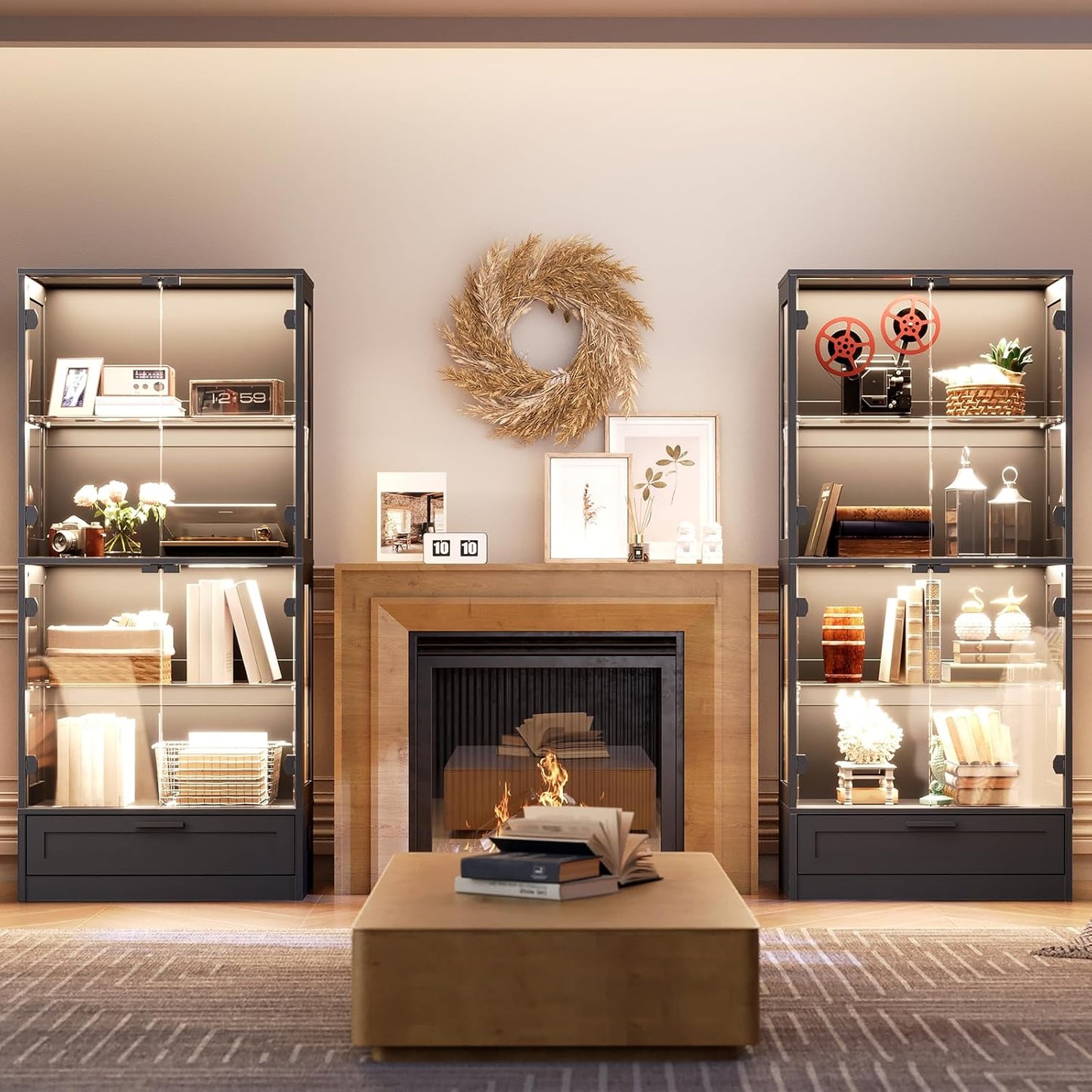 Display Cabinet with Glass Doors, 61" 4-Tier Glass Display Case with Drawer, 3 Color Lights, Auto-On Sensor, 4 Tempered Glass & 3-Tier Acrylic Shelves for Collectibles Showcase, Black