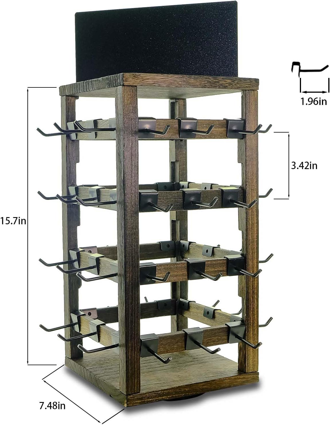 Wooden rotating Jewelry Display Stand with Removable 48 Hooks advertising board, For Earring Cards necklace bracelet Keychain Jewelry Organizer For Selling For vendor events (Dark brown)
