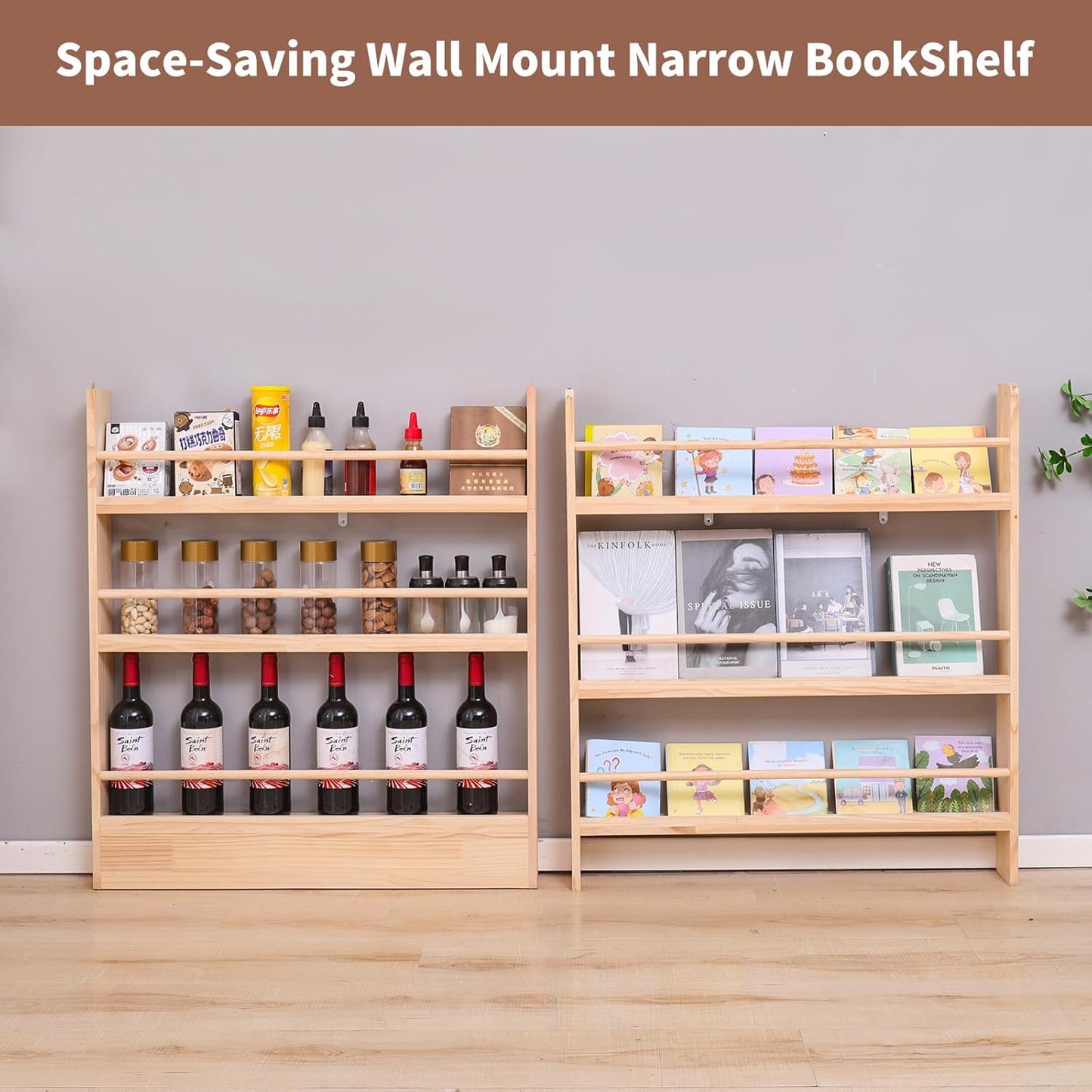 Wooden Kids Bookshelf, Wall Mount 6-Tier Behind The Door Shelf, Organizer for Toys and Books, Space-Saving Wall Mount Narrow Book Shelf