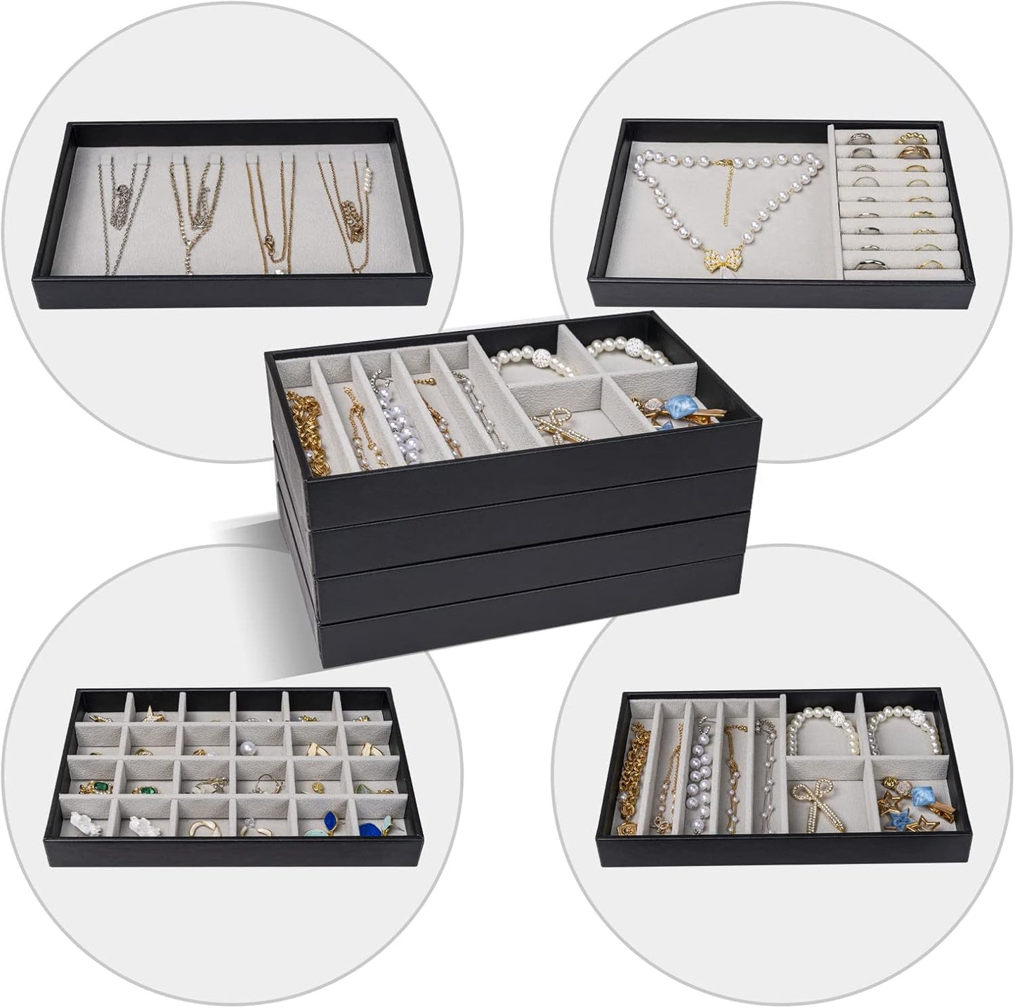 ProCase Stackable Jewelry Organizer Trays for Drawers, Jewelry Drawer Inserts Container Display Case Storage for Earring Necklace Rings Bracelet with Removable Dividers -Black, 4 Layers