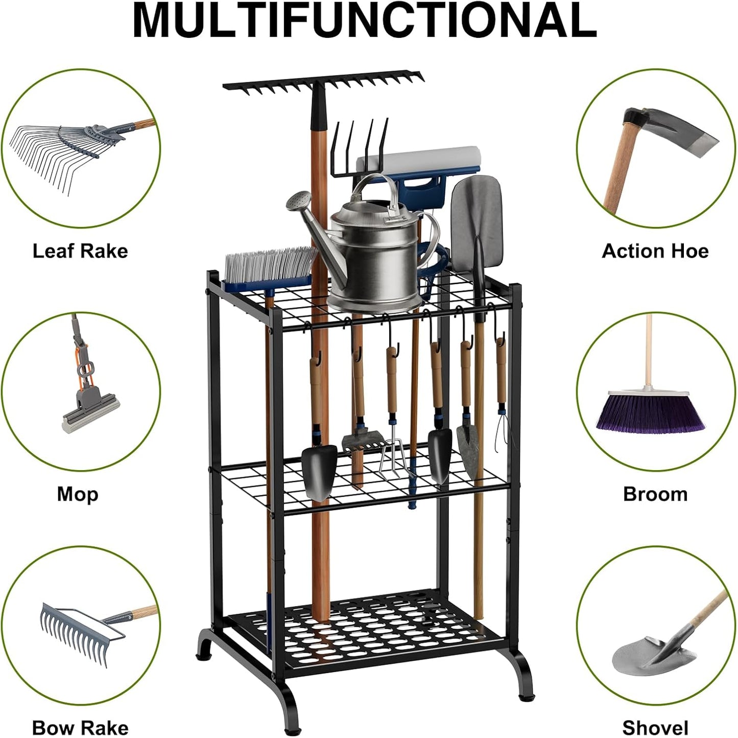 Garden Tool Organizer with Storage Hooks, Yard Tool Tower Rack for Garage Organization and Storage, Up to 35 Long-Handled Tools, Metal Tool Holder with 6 Hooks, Black