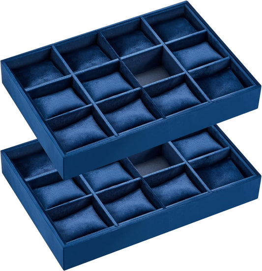 Henoyso 2 Pieces 12 Grid Velvet Watch Tray Jewelry Organizer Stackable Watch Bracelet Bangle Display Holder Adjustable Pillow(Blue)