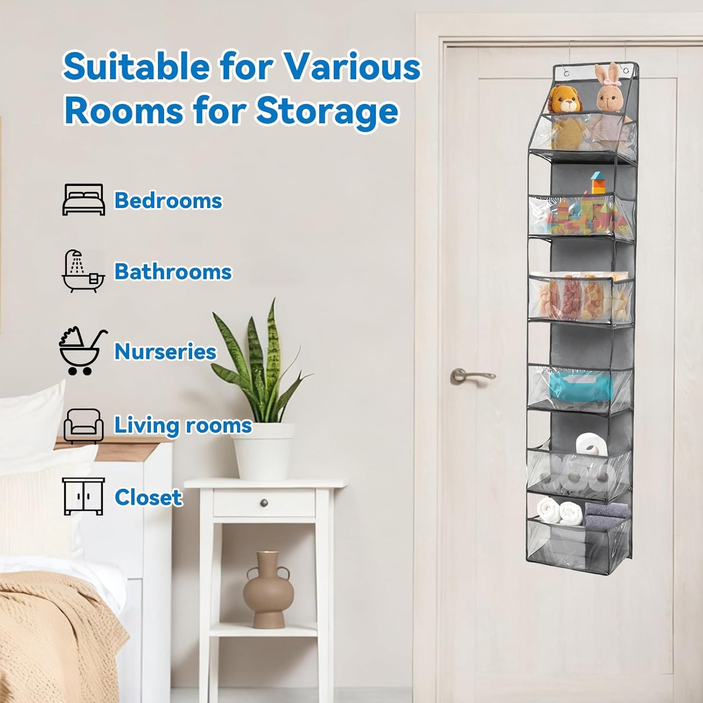1Pack Over The Door Organizer, Hanging Door Storage Organizer with 6 Large Clear Pockets, Space Saving Behind Door Rack for Bedroom Closet Bathroom Pantry Nursery Office (Grey)