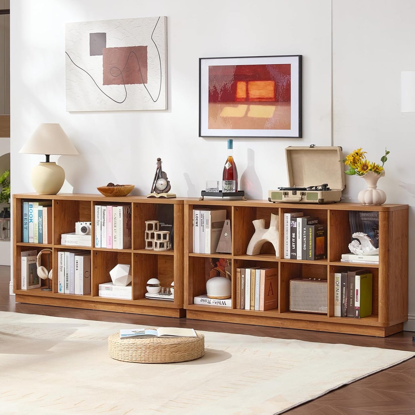8 Cube Storage Book Shelf, 52" Long Horizontal Bookshelf with Curved Edge, Floor Standing Wooden Cubby Bookcase with Base, Low Modern Console Book Case, TV Stand for Living Room, Brown