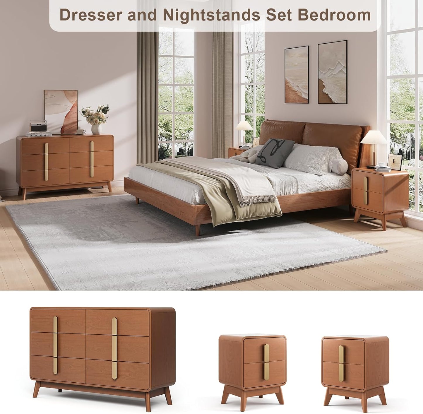Mid Century Modern Bedroom Set, 6 Drawer Dresser and Nightstand Sets for Bedroom, Night Stand Set 2 & 6 Drawer Dresser with Gold Handles, Wood Chest of Drawers Storage Cabinet Set, Cherry