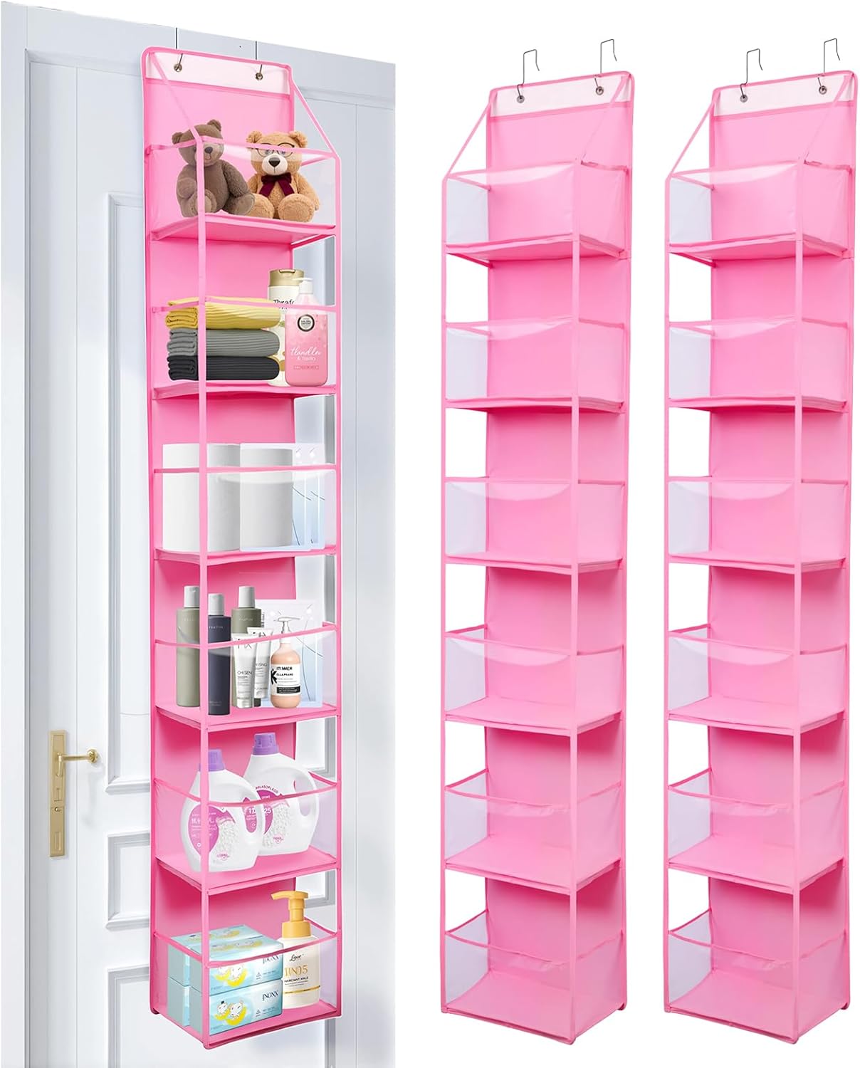 2 Packs Over The Door Organizer - 6-Shelf Hanging Storage Organizer with Clear Plastic Pockets - Large Capacity Pantry Storage Shelf for Bathroom, Bedroom, Nursery (Pink)