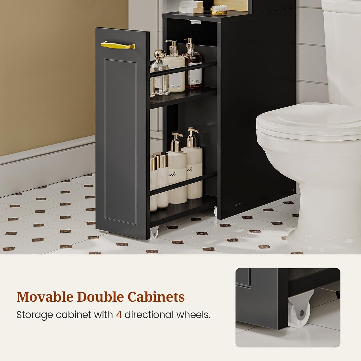 Over The Toilet Storage Cabinet with Pulley Small Bathroom Storage Cabinet, Space Saver W/Adjustable Shelf & Open Shelf for Bathroom, Restroom, Laundry (Black)