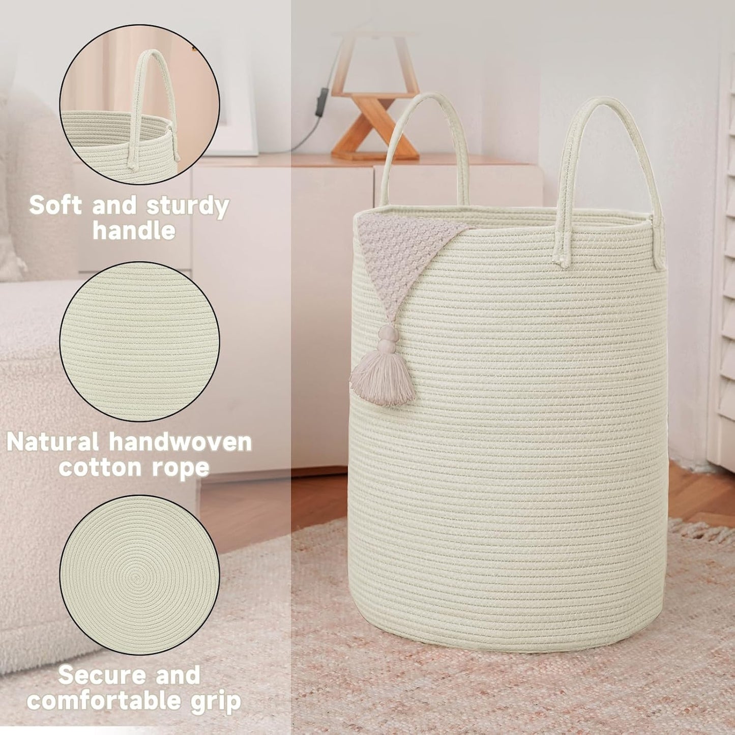 Large Woven Laundry Basket Hamper,100L Cotton Rope Storage Bin for Blankets,Toys and Clothes,Decorative Tall Nursery Hamper for Living Room,Baby Nursery,Bathroom and Bedroom,White