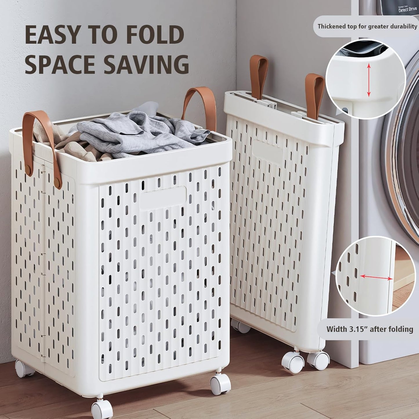 UAK Laundry Basket with Wheels, Collapsible Plastic Laundry Hamper with Handle, Foldable Laundry Basket Organizer for Laundry and Bathroom (Snow White, XXXL)