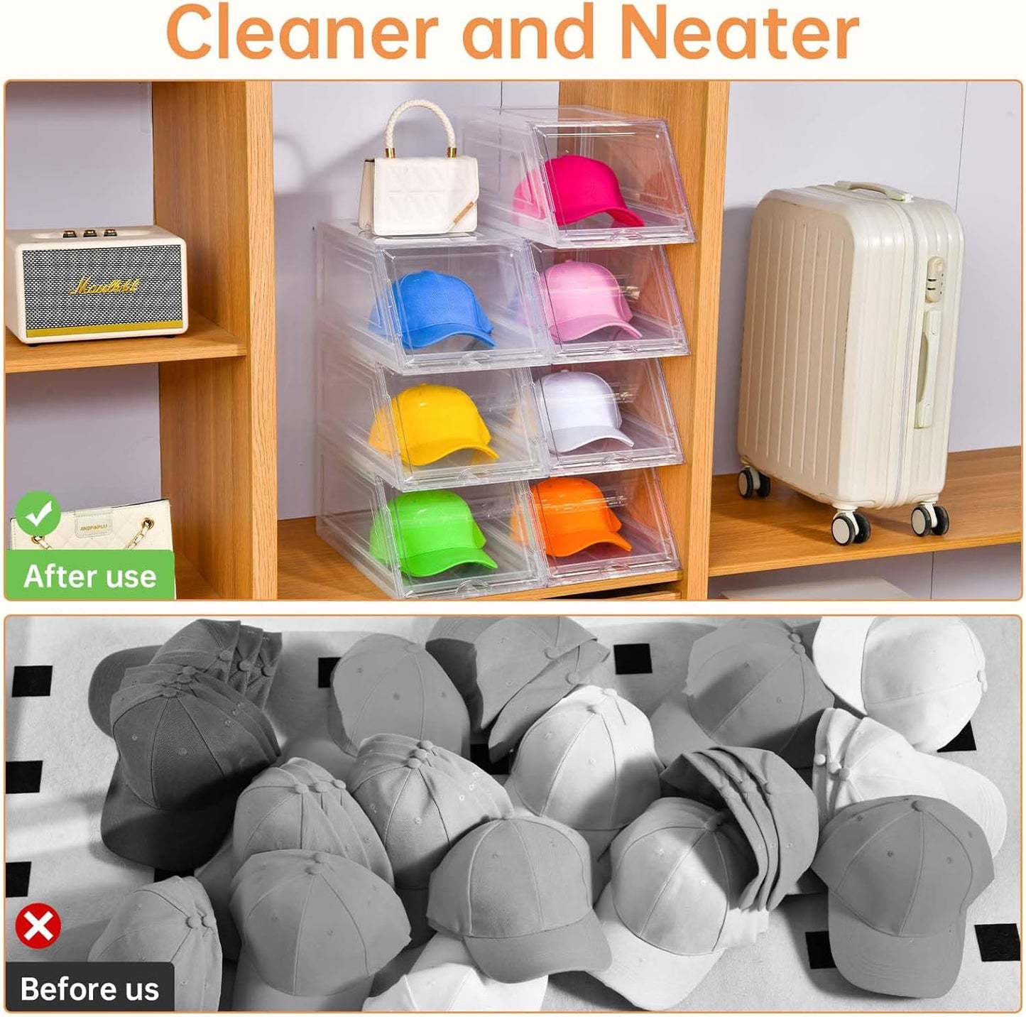 2 Pack Hat Organizer for Baseball Caps,Large Clear Cap Organizer with Drawer,Hats Holder Box for Closet with Sliding Tray,Stackable Hat Rack Display Case,Multi-use Hat Case for Caps,Each Holds 12 Hats
